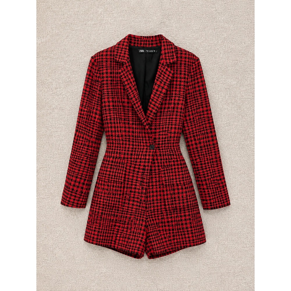 Zara Women Blazer Romper Small Red Black Houndstooth Long Sleeve Button Front